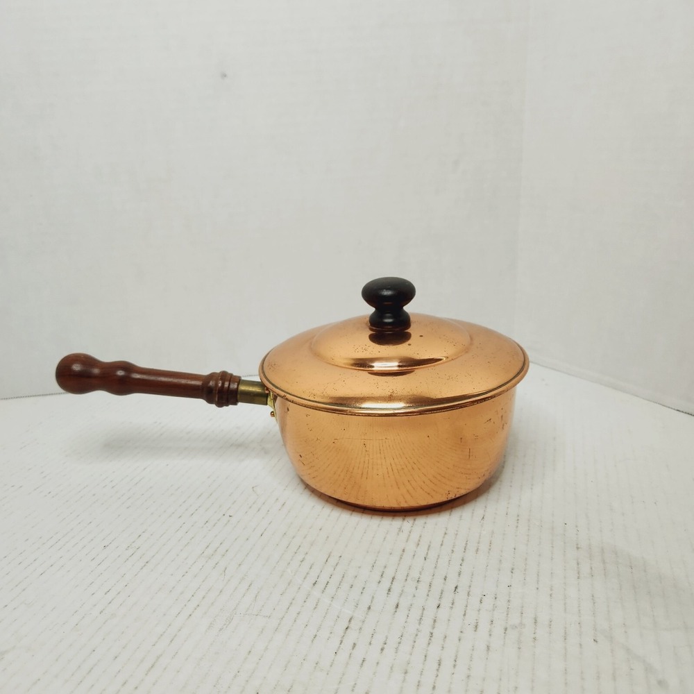 BONGUSTO Copper Sauce Pan/Pot Lid ITALY 7" Dia Covered Cooking TinLined VTG Wood - Picture 1 of 16